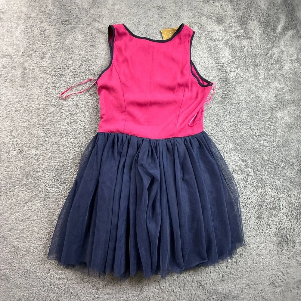 Mi Ami Embroidered Floral Dress S Sleeveless Pink Navy Tulle A-Line NWT - Picture 2 of 9